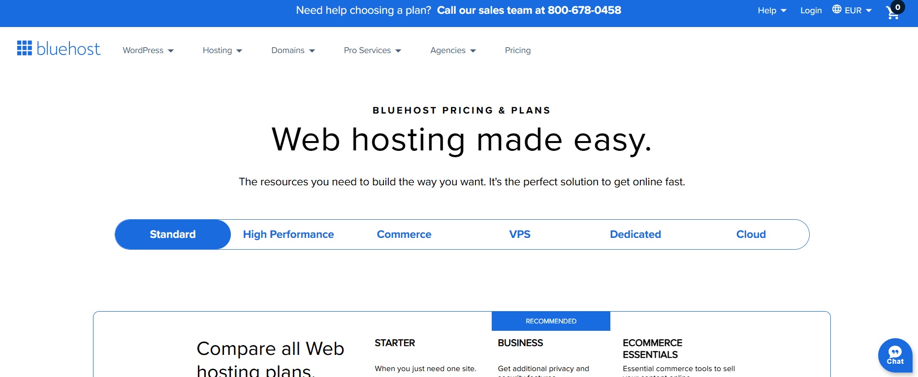 Bluehost homepage screenshot