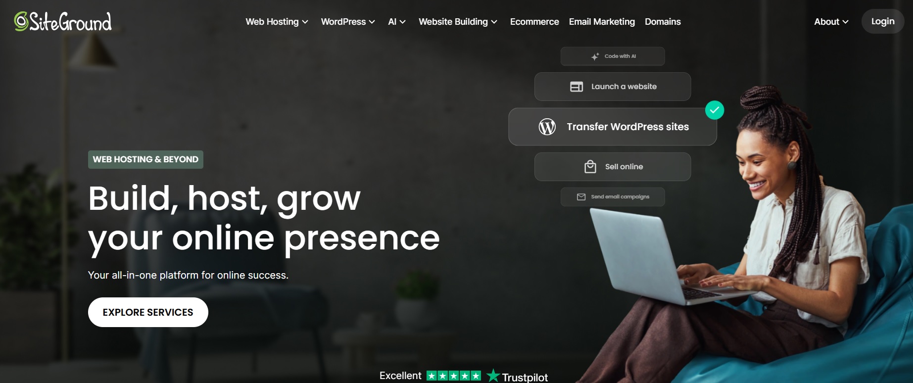 SiteGround hosting dashboard and homepage screenshot